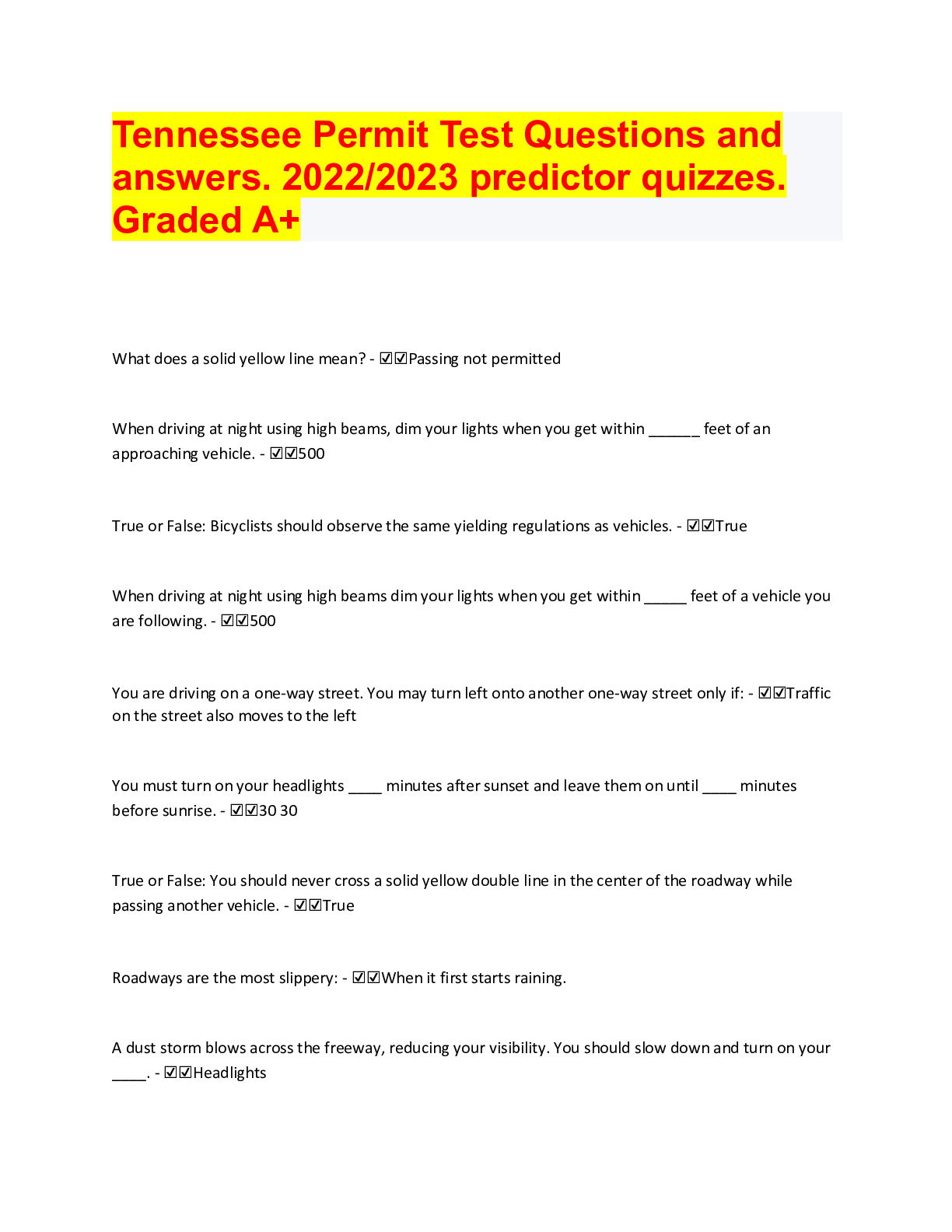 Tennessee Permit Test Questions and answers. 2022/2023 predictor